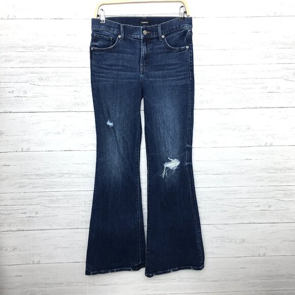 Express Jeans 70s Flare Leg Mid Rise Stretch Distressed size 6 length 33" - Picture 1 of 9